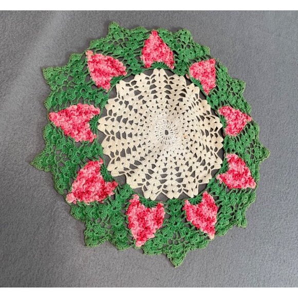Handmade Crocheted Doily with Pink & Green Floral Design Vintage 14" Round - Picture 4 of 8